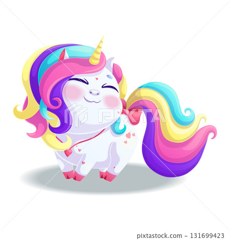 A cute contented unicorn. A charming animal with a bright face and a golden horn on a white background. Isolated vector illustration for design, prints and patterns. A cute contented unicorn. A charming animal with a bright face and a golden horn on a white background. Isolated vector illustration for design, prints and patterns. 131699423