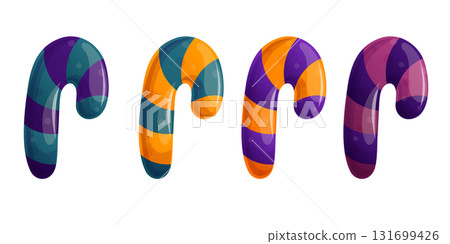 A set of lollipops, sweet sticks, and caramel canes. Trick or Treat. The concept of Halloween, a holiday. Isolated vector illustration for stickers, design, decoration. 131699426