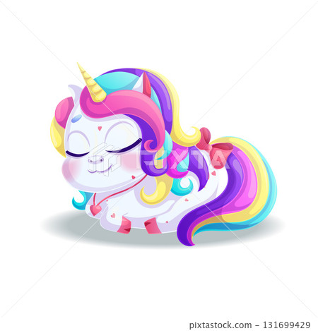 The cute little unicorn is sleeping. A charming animal with a bright mane and golden horn on a white background. Isolated vector illustration for design, prints and patterns. The cute little unicorn is sleeping. A charming animal with a bright mane and golden horn on a white background. Isolated vector illustration for design, prints and patterns. 131699429