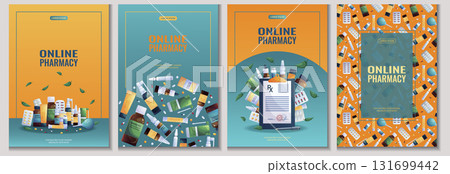 A set of flyers for online pharmacies and medicine. Medications, tablets, capsules, sprays, drops. Vector illustration in A4 format for posters, banners and advertisements. 131699442