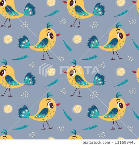 Seamless pattern with cute bright yellow birds, flowers, and feathers on a gray background. Vector illustration for the design of postcards, clothing, textiles, banners and posters. 131699443