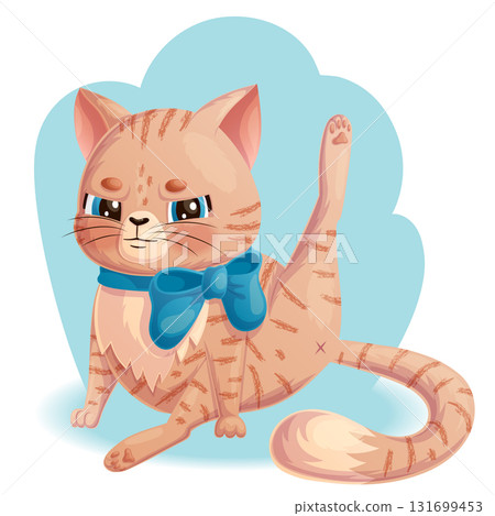 Cute angry cat is sitting with his paw raised. A charming animal with a bow around its neck. Isolated vector illustration for design, prints and patterns. 131699453