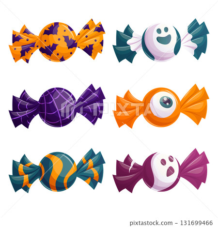 A set of round candies in different wrappers. Trick or Treat. The concept of Halloween, a holiday. Isolated vector illustration for stickers, design, decoration. A set of round candies in different wrappers. Trick or Treat. The concept of Halloween, a holiday. Isolated vector illustration for stickers, design, decoration. 131699466