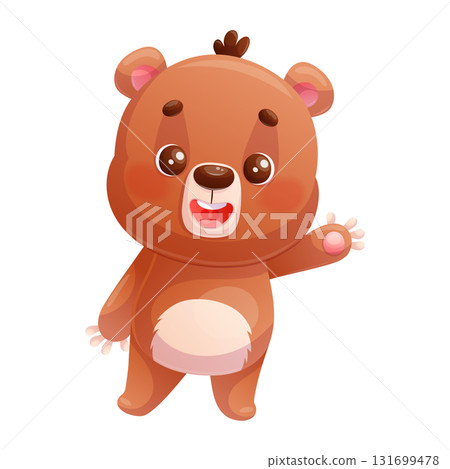Funny happy cute bear waves his paw in greeting on a white background. Cartoon children's vector illustration for the design of postcards, cards, clothes, textiles, stickers. 131699478