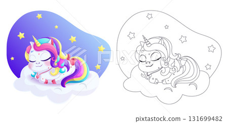 A cute unicorn sleeps on a cloud. A page of a children's coloring book. A black outline on a white background. Vector isolated illustration with a colorful template. For coloring, printing, and design 131699482