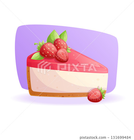 A piece of strawberry cheesecake on a purple background. The concept of pastry shop, baking, holiday, birthday. Isolated vector illustration for the design of postcards, posters, banners and posters. 131699484