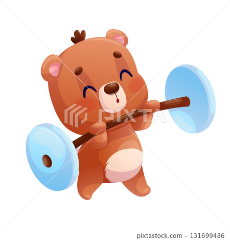 Funny cute bear lifts a barbell on a white background. The concept of a healthy lifestyle, sports activities. Cartoon children's vector illustration for the design of postcard, card, textile, sticker Funny cute bear lifts a barbell on a white background. The concept of a healthy lifestyle, sports activities. Cartoon children's vector illustration for the design of postcard, card, textile, sticker 131699486