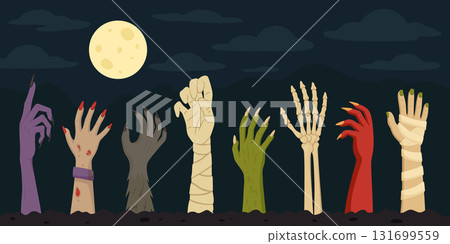 Halloween Zombie Hands Under Moon, Vector Illustration. Cartoon Horror Skeleton, Mummy, Monster Arms Rising from Ground at Night. Halloween Background for Poster, Banner, Print, Stickers Halloween Zombie Hands Under Moon, Vector Illustration. Cartoon Horror Skeleton, Mummy, Monster Arms Rising from Ground at Night. Halloween Background for Poster, Banner, Print, Stickers 131699559