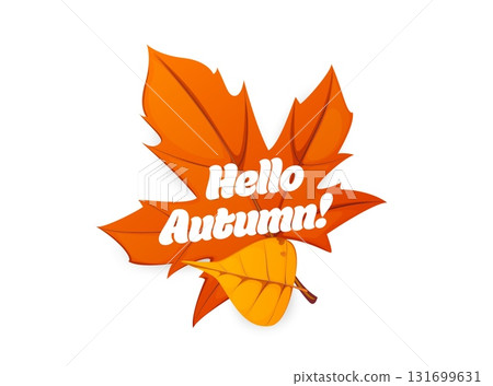 Hello autumn banner with red fall leaf. Cartoon vector bright autumnal forest leaves, one orange maple and one yellow, with seasonal greeting. Cheerful and festive welcoming greeting card 131699631