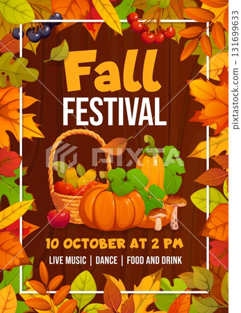 Fall festival party poster with autumn season leaves, ripe pumpkins and apples, vector invitation. Fall festival or picnic concert party poster with harvest basket of pumpkins, mushrooms and fruits 131699633