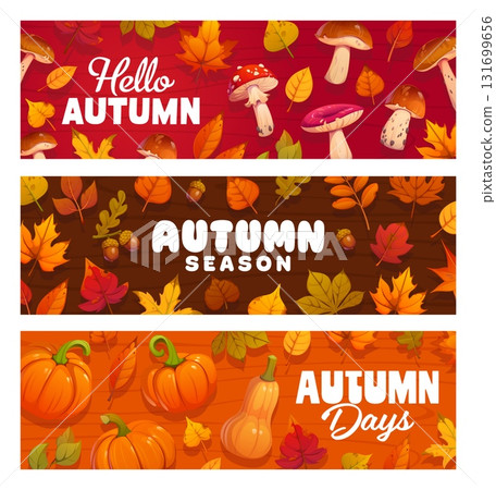 Hello autumn banners with falling leaves, berry and mushrooms, acorns and pumpkins. Cartoon vector seasonal festive horizontal cards or headers with fall season harvest on rustic wooden backgrounds Hello autumn banners with falling leaves, berry and mushrooms, acorns and pumpkins. Cartoon vector seasonal festive horizontal cards or headers with fall season harvest on rustic wooden backgrounds 131699656