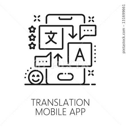 English language translation app line icon or symbol. English language translate outline vector symbol, foreign speech translation icon. Vocabulary sign with smartphone application or service screen 131699661