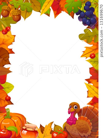 Happy Thanksgiving Day greeting card with frame of cartoon turkey character and fall harvest, vector banner. Acorns, pumpkins and berries with honey and autumn leaves frame for Thanksgiving holiday Happy Thanksgiving Day greeting card with frame of cartoon turkey character and fall harvest, vector banner. Acorns, pumpkins and berries with honey and autumn leaves frame for Thanksgiving holiday 131699670