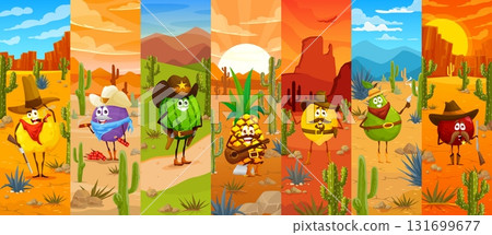 Western collage of cowboy, sheriff and bandit fruit characters at wild west desert landscape. Vector cartoon quince, plum, pineapple, watermelon, pear or lemon dressed in hats, boots, guns among cacti 131699677