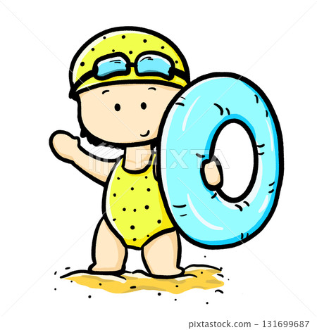 Young girl holding swimming ring standing on beach cartoon illustration 131699687
