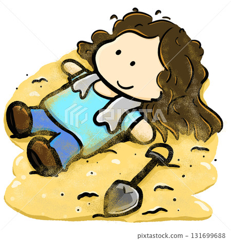 Little girl lying on beach with shovel beside cartoon illustration Little girl lying on beach with shovel beside cartoon illustration 131699688