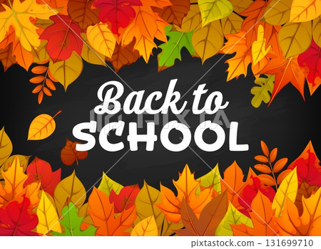 Back to school autumn banner with fall leaves around chalkboard background. Vector greeting message on blackboard season for students, teachers, autumn season academic promotions or announcements Back to school autumn banner with fall leaves around chalkboard background. Vector greeting message on blackboard season for students, teachers, autumn season academic promotions or announcements 131699710