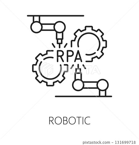 RPA robotic process automation thin line icon or pictogram. Industry robotic tech linear vector icon, RPA technology pictogram. Business process automation innovation symbol with welding robotic hands RPA robotic process automation thin line icon or pictogram. Industry robotic tech linear vector icon, RPA technology pictogram. Business process automation innovation symbol with welding robotic hands 131699718