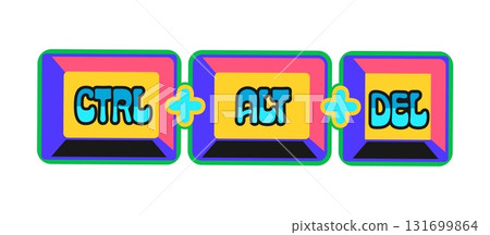 Computer keyboard shortcut Y2K groovy sticker or funky symbol. Computer software funky vector sticker, retro digital technology label with PC operating system task manager command keyboard shortcut 131699864