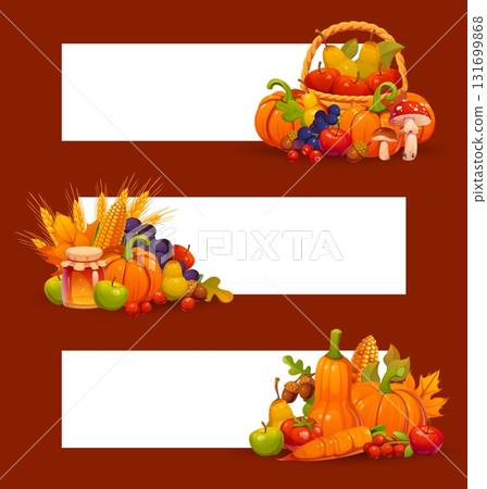 Autumn banners with seasonal Thanksgiving harvest of fruits and vegetables, pumpkins and berries, mushrooms and honey and with autumn fall leaves. Cartoon vector blank templates, horizontal cards Autumn banners with seasonal Thanksgiving harvest of fruits and vegetables, pumpkins and berries, mushrooms and honey and with autumn fall leaves. Cartoon vector blank templates, horizontal cards 131699868