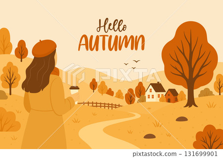 Hello Autumn Landscape Vector Illustration. Flat Cartoon Girl in Beret with Coffee Cup Looking at Countryside Road, Trees and Village. Seasonal Autumn Background, Autumn Scene, Poster 131699901