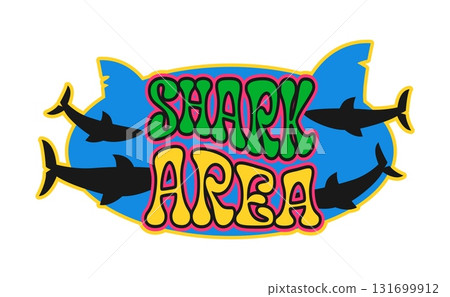 Shark area pirate retro Y2K sticker or label. Pirate marine patch, corsair sailing Y2K vector label. Filibuster treasure hunting sticker or tag with sharks fins silhouettes and typography 131699912