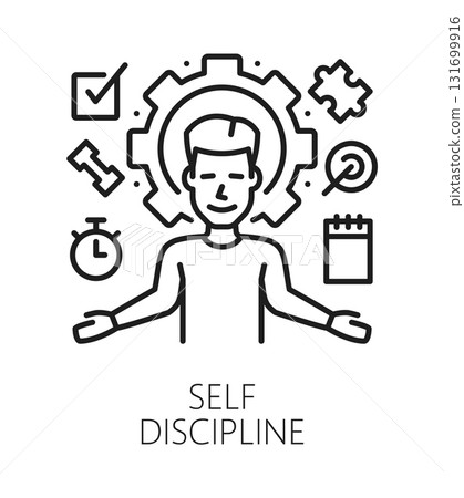 Self discipline life skills line icon or emblem. Human potential outline vector sign, people self discipline ability linear pictogram. Personality life skills icon with multitasking man character Self discipline life skills line icon or emblem. Human potential outline vector sign, people self discipline ability linear pictogram. Personality life skills icon with multitasking man character 131699916