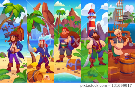 Cartoon pirate and corsair ship crew characters collage, vector Caribbean adventure. Pirate captain with treasure chest, boatswain with barrel and ship cook, sailor skipper and sunken pirate sailboat 131699917