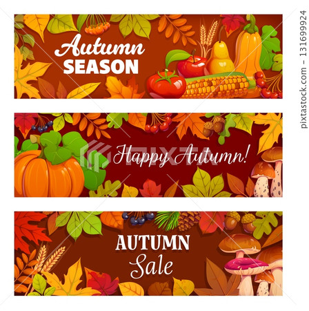 Autumn fall leaves and harvest banners. Vector horizontal seasonal cards decorated with fall leaves, pumpkins, mushrooms, vegetables, and fruits for fall promotions, advertising, or seasonal greetings 131699924