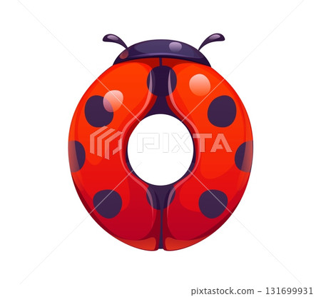 Ladybug cartoon font digit 0 zero. Cute insect mathematics font digit, garden ladybird vector math typeface numeral symbol. Red ladybug beetle alphabet type figure or cartoon kids ABC typeface number 131699931