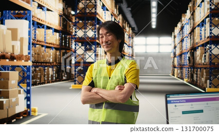 Asian male employee oversees product handling and order fulfillment, ensures inventory control using technology and packages coordination for efficient local delivery service. Camera A. 131700075