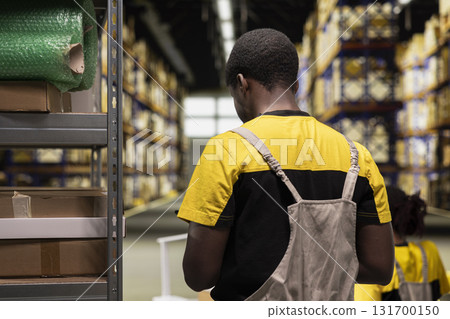 African american staff checking pallets with cardboard boxes on racks, managing industrial e-commerce operations in the large business warehouse. Processing orders from online shopping. African american staff checking pallets with cardboard boxes on racks, managing industrial e-commerce operations in the large business warehouse. Processing orders from online shopping. 131700150