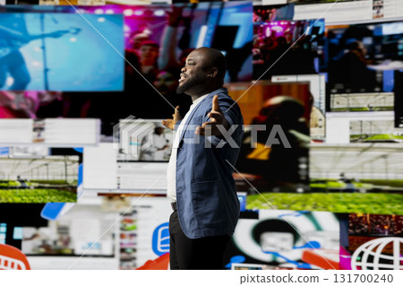 Young black person connecting to global social networks apps through mobile devices, opening platforms online on the dashboard. Communication and multitasking on social media. 131700240