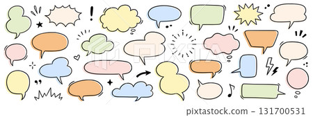 Speech dialog drawn set. Speech bubble and dialog element in hand drawn cartoon style comic cloud, chat box, graphic manga effect. Doodle emphasis, heart, arrow element. Vector Speech dialog drawn set. Speech bubble and dialog element in hand drawn cartoon style comic cloud, chat box, graphic manga effect. Doodle emphasis, heart, arrow element. Vector 131700531