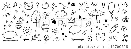 Line cute element set. Hand drawn scribble heart, arrow, flower and star elements for a cute line simple background. Doodle sketch heart, star, cloud sticker shapes. Vector 131700538