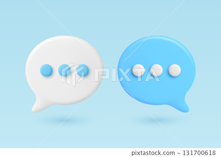 Vector 3d Chat Bubbles. White and Blue Speech Balloons with Dots. Modern Messenger Icon, Communication Symbol, Chat App UI Element, Social Media Message Design Template 131700618