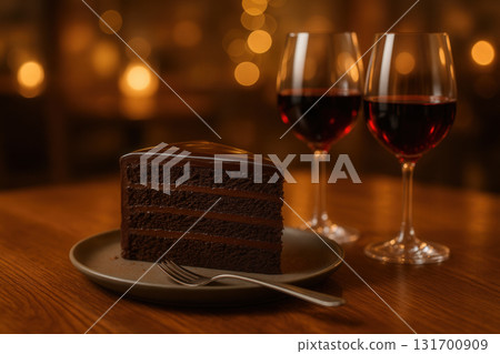 Rich Chocolate Layer Cake Slice With Ganache And Two Glasses Of Red Wine In Warm Restaurant Atmosphere 131700909