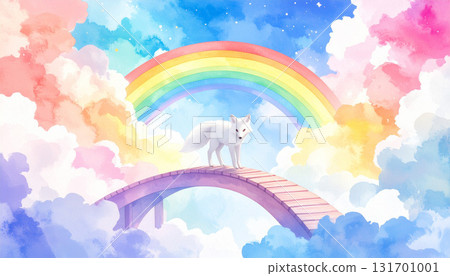 夢幻般的彩虹和白狐狸被夢幻般的彩色雲朵包圍的奇幻風景 131701001