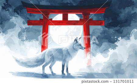 A mysterious moonlit night in the mist with a white fox and a torii gate floating in the mist 131701011