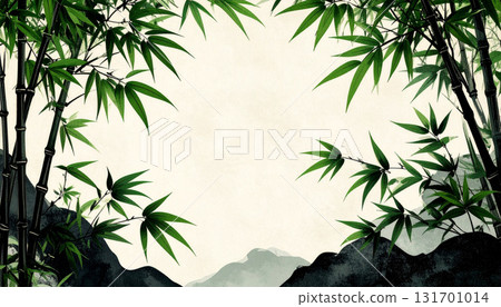 日式自然背景，有竹子和山脈的輪廓 131701014