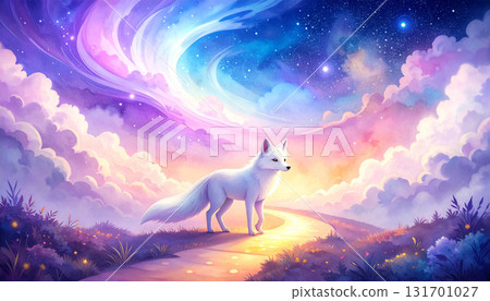 A fantastical scene of a white fox walking under the starry sky and aurora 131701027