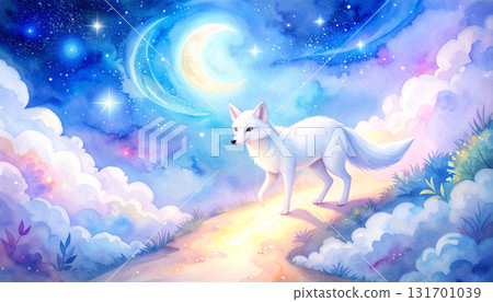 一隻白狐在月夜和星星中行走的夢幻風景 131701039