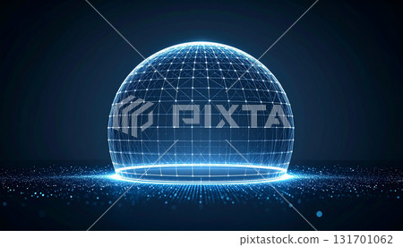 A futuristic, blue-glowing digital dome structure 131701062