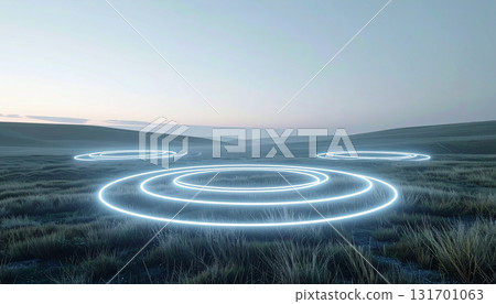 Three luminous rings floating in the grassland 131701063