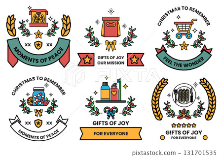 A set of six Christmas themed designs, including a ribbon, a bag, a cart A set of six Christmas themed designs, including a ribbon, a bag, a cart 131701535