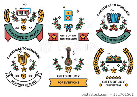 A set of six Christmas themed designs, each with a different musical instrument 131701561