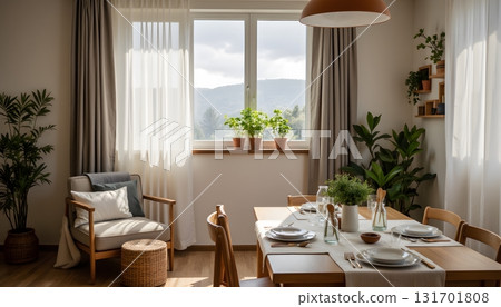 Cozy Dining Space with Natural Light and Green Plants in Modern Interior Design Style 131701808