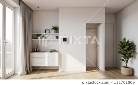 Minimalist modern interior design with light colors and natural elements in a spacious room 131701809