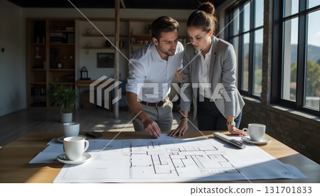 Young Professionals Discussing Architectural Plans in Modern Office Environment with Coffee Cups Young Professionals Discussing Architectural Plans in Modern Office Environment with Coffee Cups 131701833