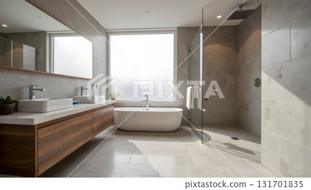 Modern and Minimalist Bathroom Design with Natural Light and Elegant Fixtures 131701835